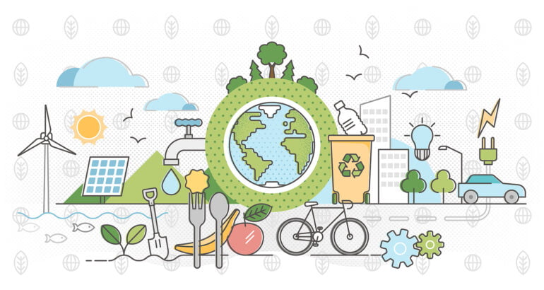 Környezetvédelem stratégiák. Vektorgrafika az ökológiai fenntarthatóságról: Földgömb, megújuló energiaforrások, újrahasznosítás, kerékpár és zöld technológiák.