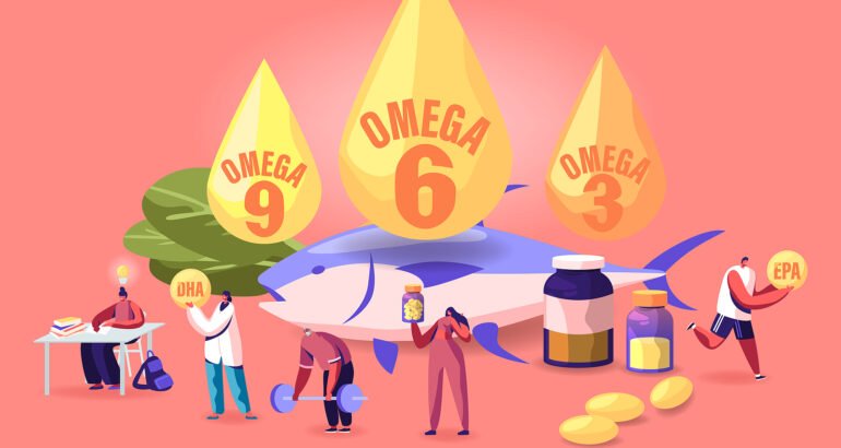 Omega 3 és omega 6 zsírsavak aránya. Illusztráció az omega zsírsavakról, cseppek formájában, omega-3, -6, -9 felirattal és emberek különböző tevékenységekkel.